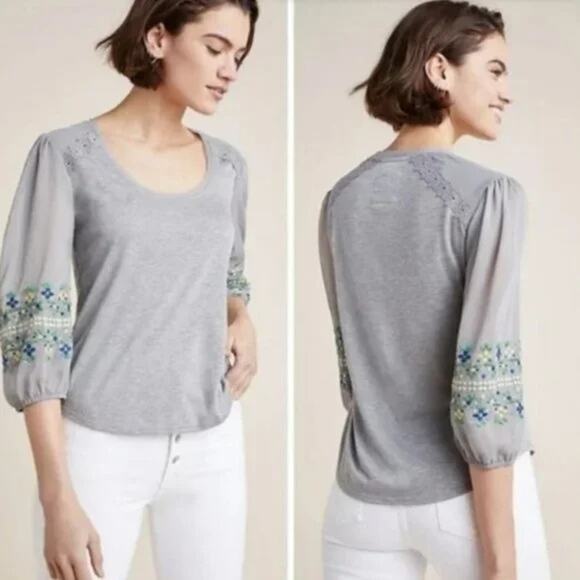 Anthropologie Tops - Anthropologie Tiny Gray Sheer Sleeve Floral Embroidered Blouse Women's M